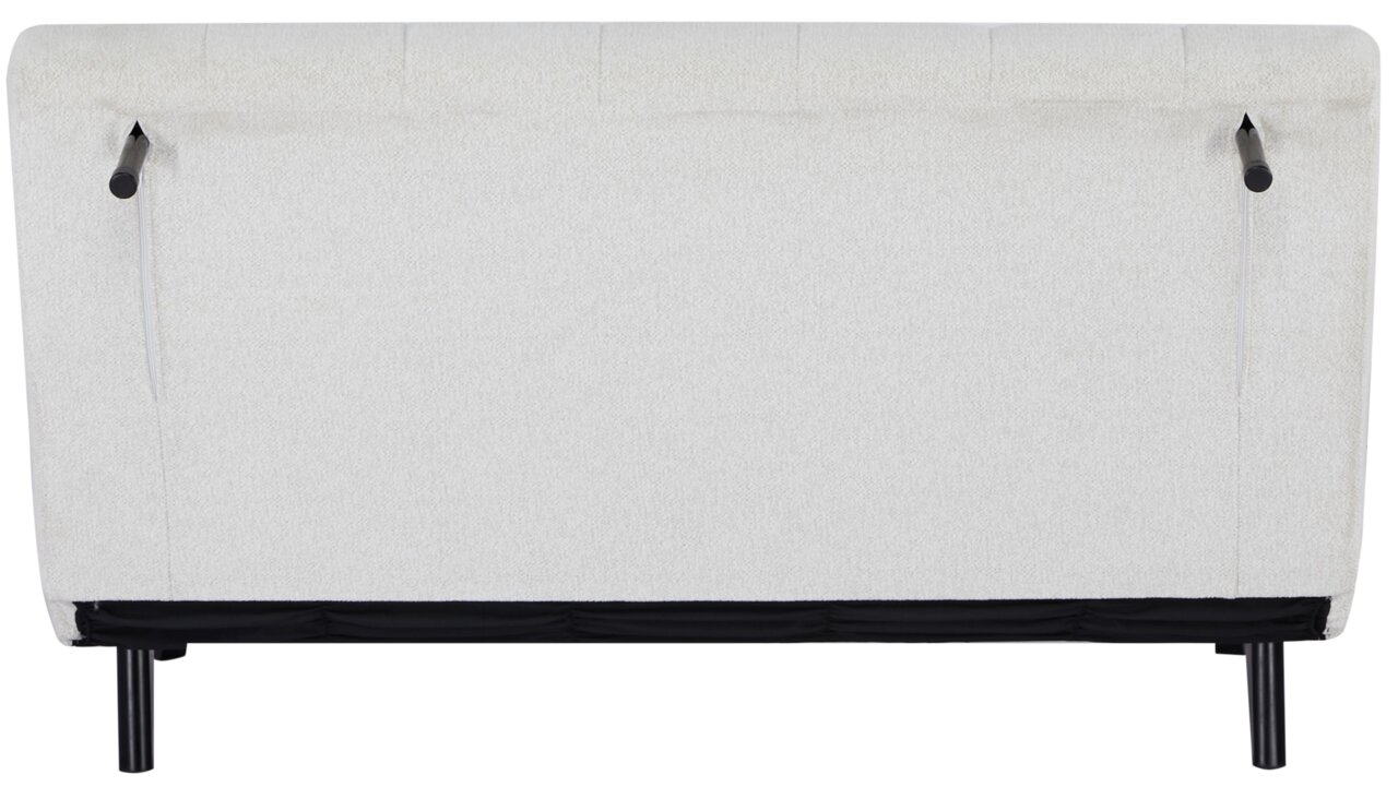 Rückansicht eines weißen Funktionssofas mit schwarzen Beinen und Hebelmechanismus.