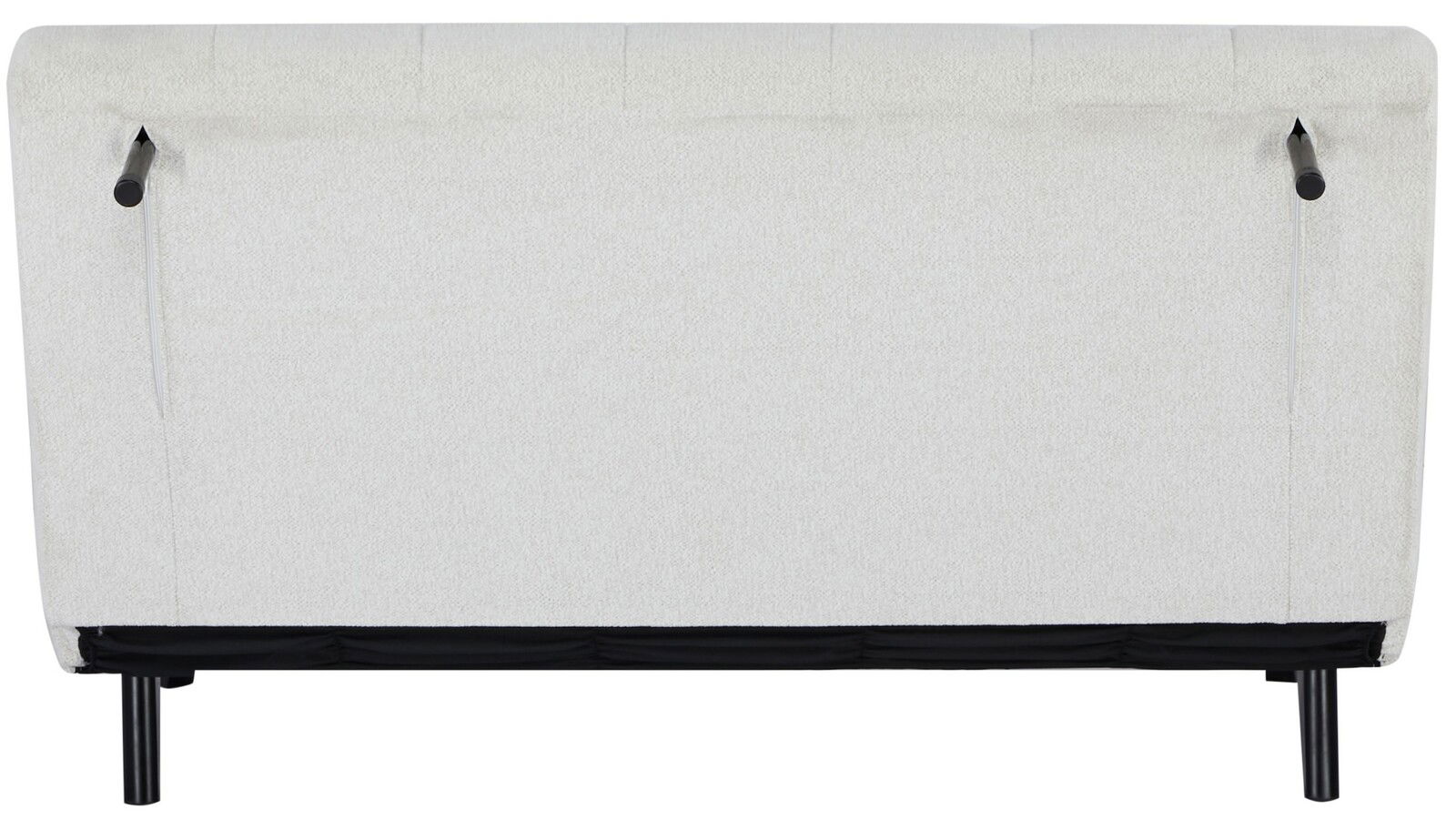 Rückansicht eines weißen Funktionssofas mit schwarzen Beinen und Hebelmechanismus.
