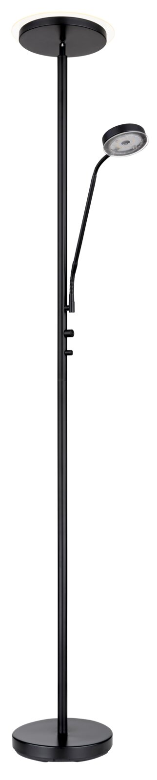 Moderne schwarze Stehleuchte mit zwei Lichtquellen, frontal abgebildet.