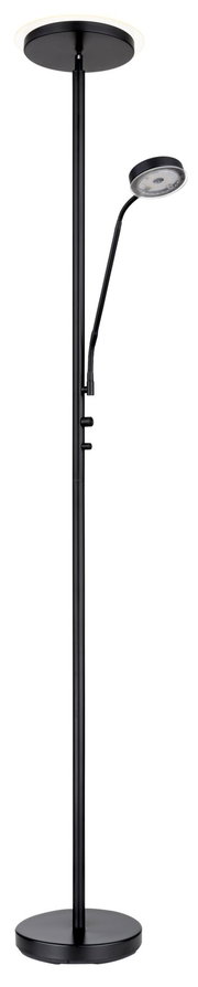 Moderne schwarze Stehleuchte mit zwei Lichtquellen, frontal abgebildet.