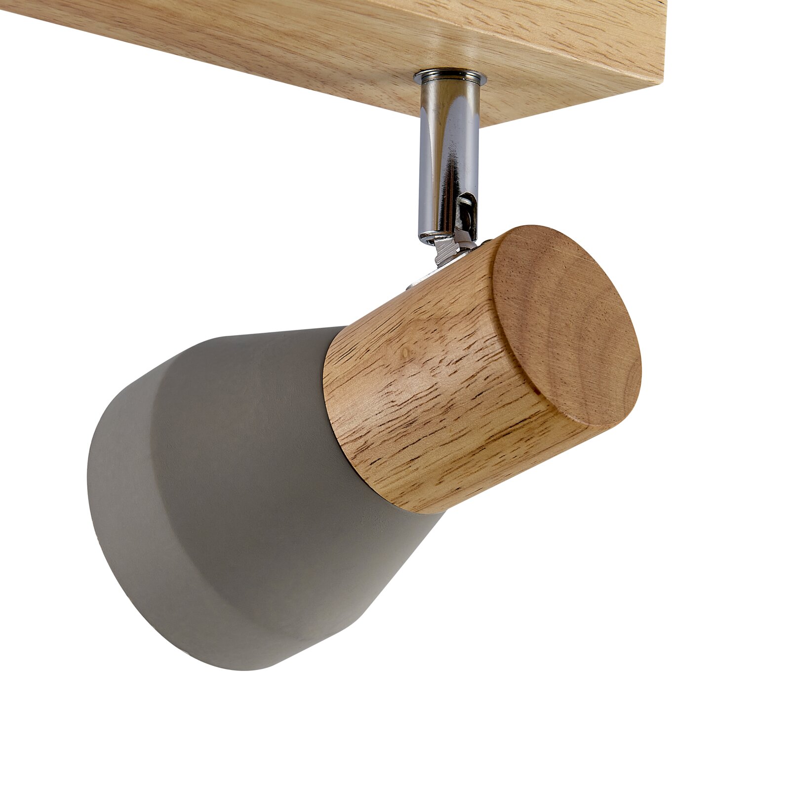 Nahaufnahme eines modernen Strahlers mit Holz- und Metallelementen, seitliche Perspektive