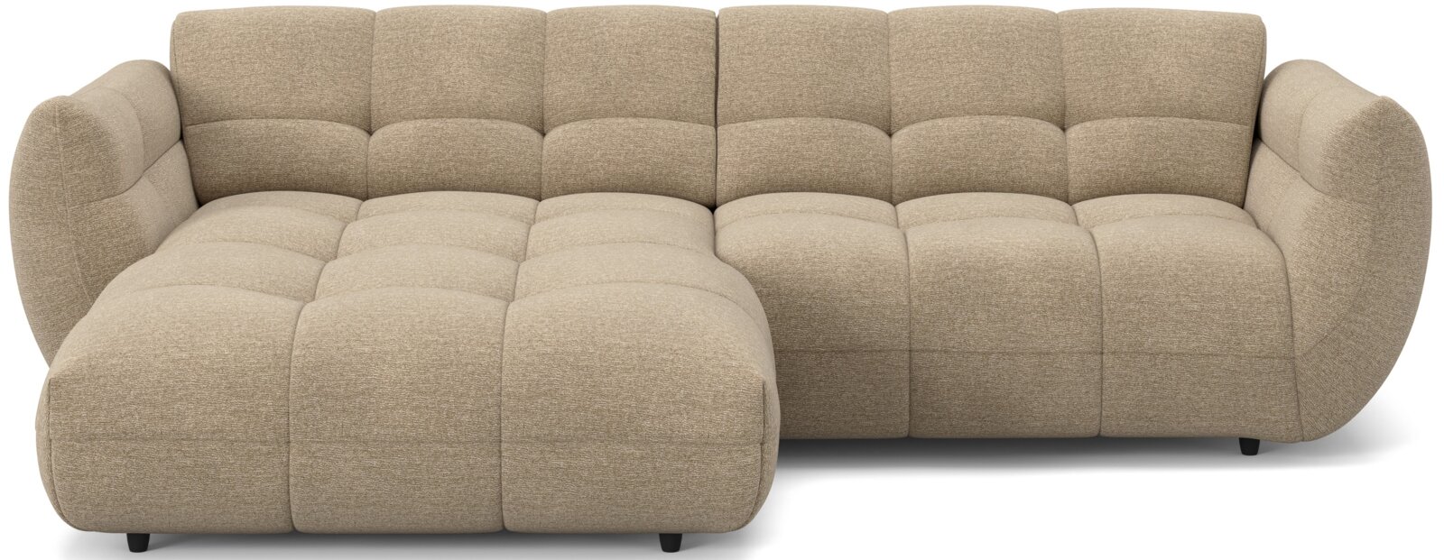 Beige hoekbank met afgeronde hoeken, vooraanzicht