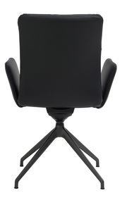 Rückansicht eines schwarzen Armlehnstuhls mit modernem Design und vier Metallbeinen.