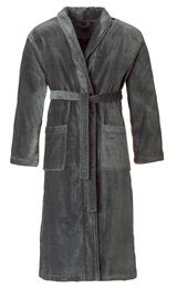 Grauer Bademantel aus weichem Material mit Gürtel und Taschen, Vorderansicht