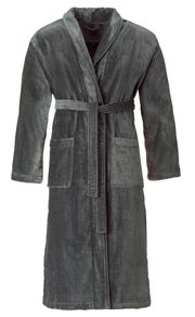 Grauer Bademantel aus weichem Material mit Gürtel und Taschen, Vorderansicht