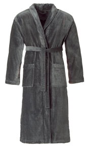 Grauer Bademantel aus weichem Material mit Gürtel und Taschen, Vorderansicht