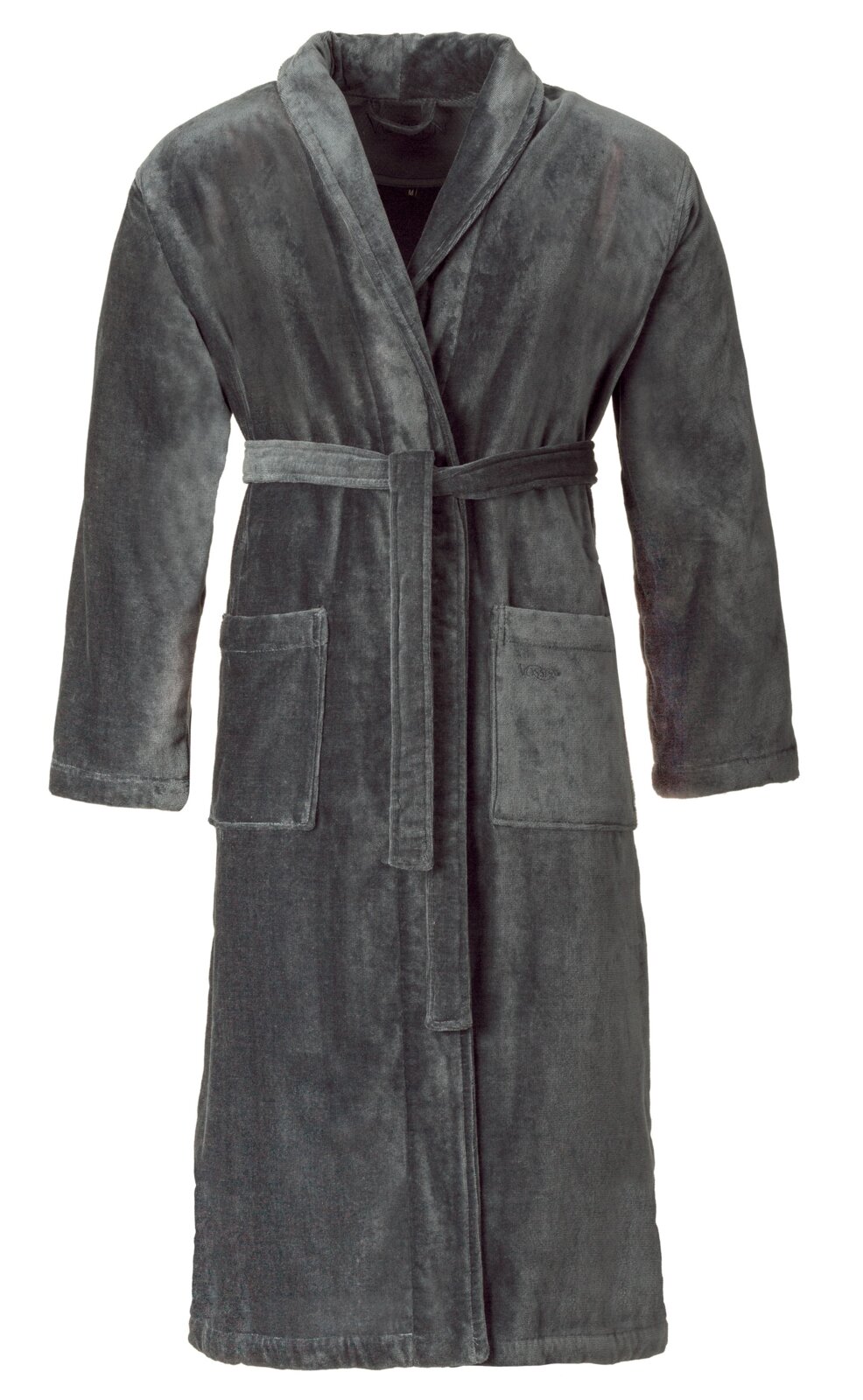 Grauer Bademantel aus weichem Material mit Gürtel und Taschen, Vorderansicht