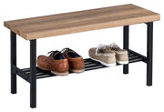 Garderobenbank aus Holz mit schwarzem Metallgestell, seitliche Perspektive, mit zwei Paar Schuhen auf der unteren Ablage.