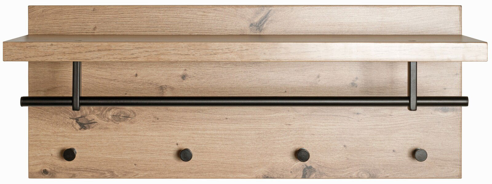 Wandgarderobe aus Holz mit schwarzer Metallstange und vier Haken, frontal betrachtet.
