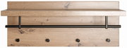 Wandgarderobe aus Holz mit schwarzer Metallstange und vier Haken, frontal betrachtet.