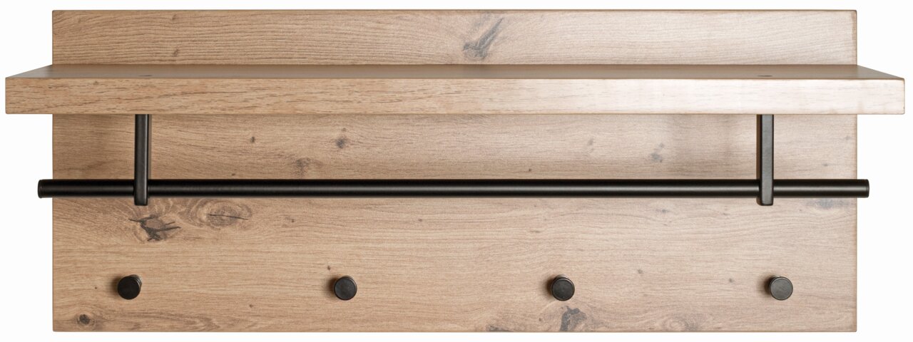 Houten wandkapstok met zwarte metalen stang en vier haken, gezien vanaf de voorkant.