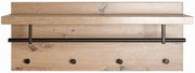 Wandgarderobe aus Holz mit schwarzer Metallstange und vier Haken, frontal betrachtet.