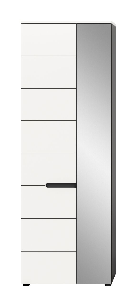 Moderner hoher Schrank in Weiß mit horizontalen Frontlinien, rechts graue Seitenfläche und schwarzem Griff, leicht aus der Front mit rechter Seitenansicht dargestellt.