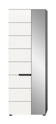 Moderner hoher Schrank in Weiß mit horizontalen Frontlinien, rechts graue Seitenfläche und schwarzem Griff, leicht aus der Front mit rechter Seitenansicht dargestellt.