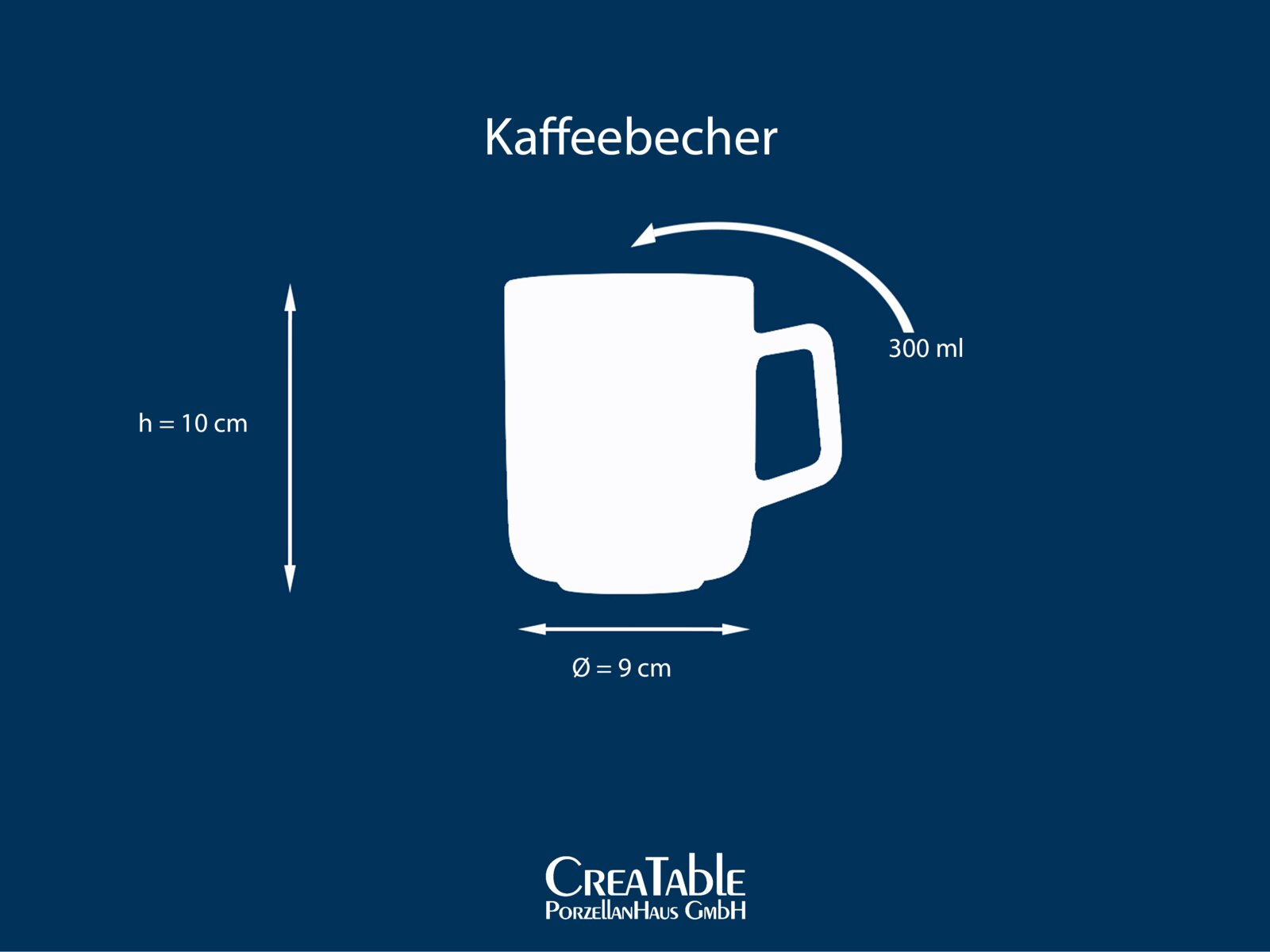 Weiße Kaffeetasse/Kaffeebecher mit Henkel, 300 ml Fassungsvermögen, Höhe 10 cm und Durchmesser 9 cm, in seitlicher Ansicht (Profil) auf blauem Hintergrund.