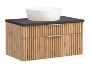 Waschtisch-Set mit Holzoptik und weißem Aufsatzbecken, Frontalansicht