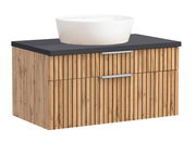Waschtisch-Set mit Holzoptik und weißem Aufsatzbecken, Frontalansicht