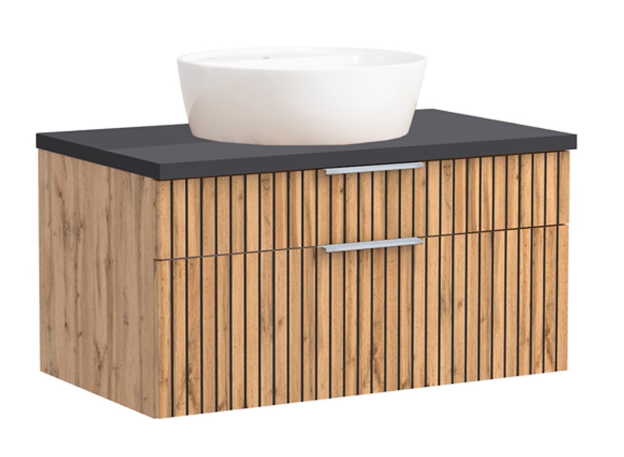 Waschtisch-Set mit Holzoptik und weißem Aufsatzbecken, Frontalansicht