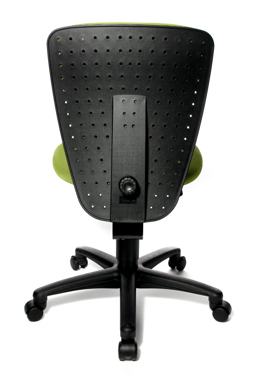 Rückansicht eines Kinder- und Jugendstuhls mit schwarzer, perforierter Rückenlehne und grünem Sitzpolster, auf einem schwarzen Drehfuß mit Rollen.