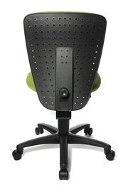 Rückansicht eines Kinder- und Jugendstuhls mit schwarzer, perforierter Rückenlehne und grünem Sitzpolster, auf einem schwarzen Drehfuß mit Rollen.