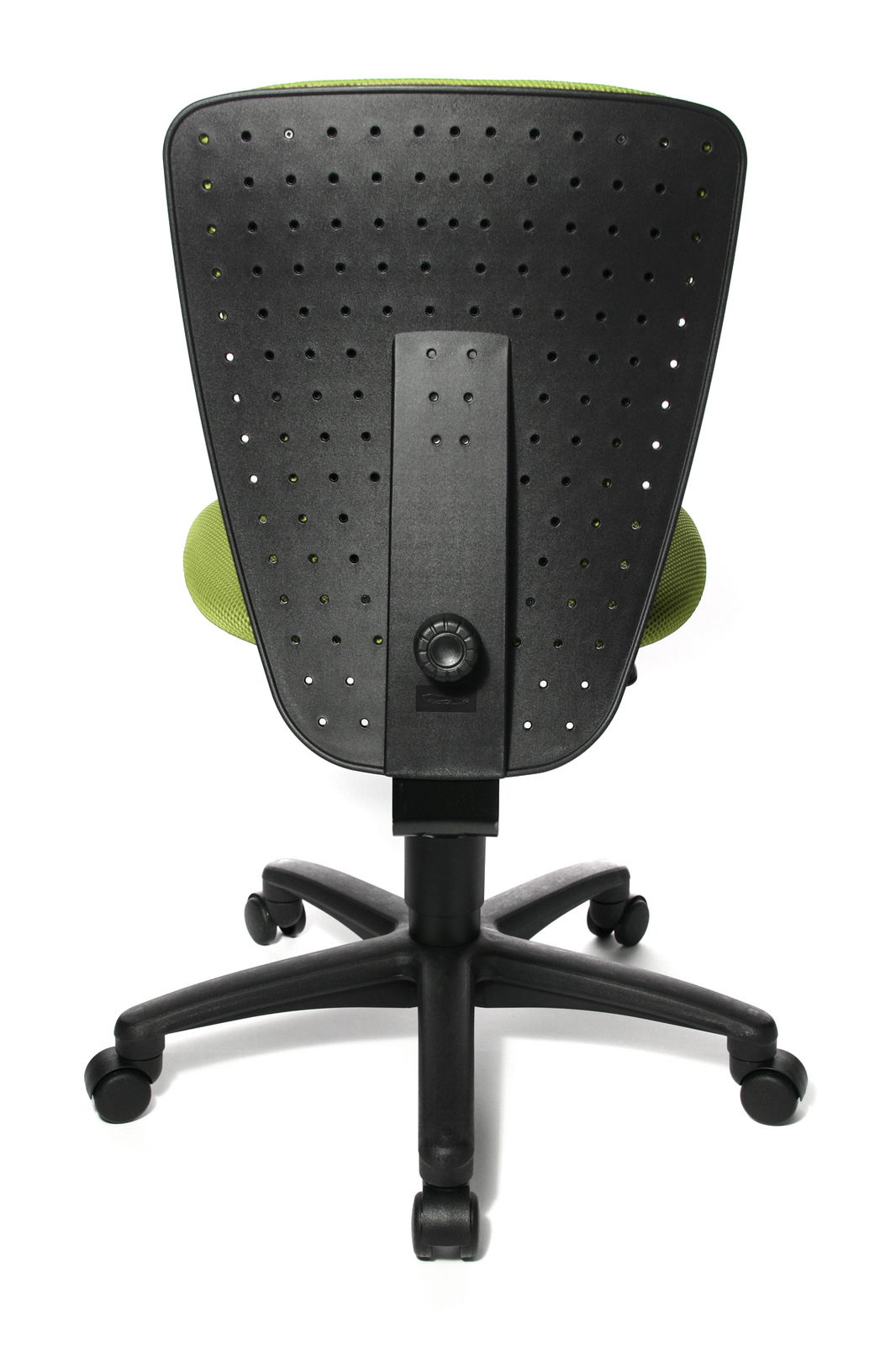 Rückansicht eines Kinder- und Jugendstuhls mit schwarzer, perforierter Rückenlehne und grünem Sitzpolster, auf einem schwarzen Drehfuß mit Rollen.
