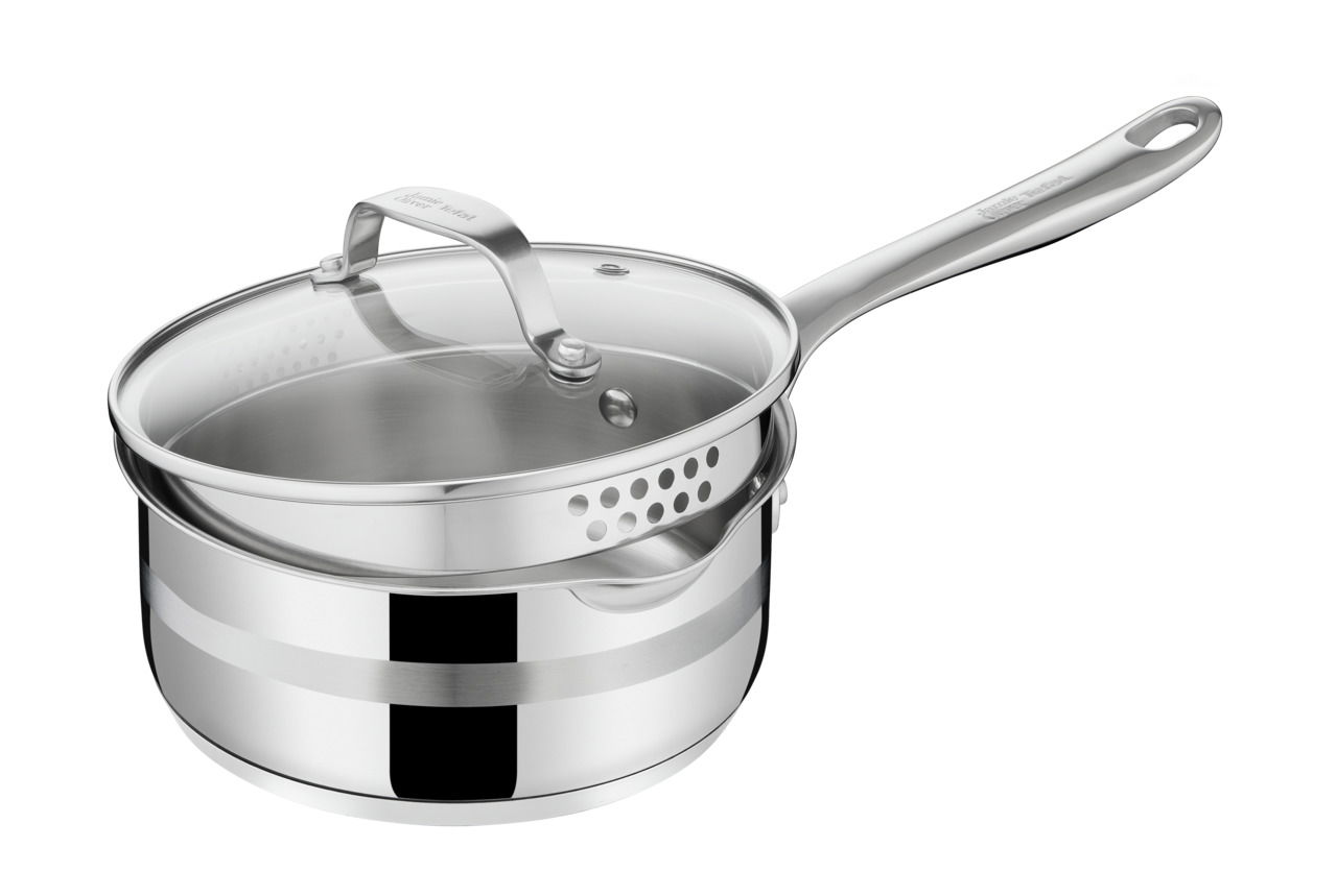 Edelstahl-Kochtopf mit Glasdeckel und langem Griff, seitliche Perspektive