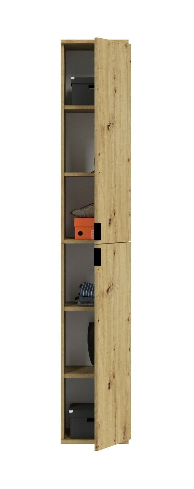 Schmaler Holzschrank mit teilweise geöffneter Tür, zeigt Regalböden mit Aufbewahrungsboxen und Kleidung, Frontalansicht.