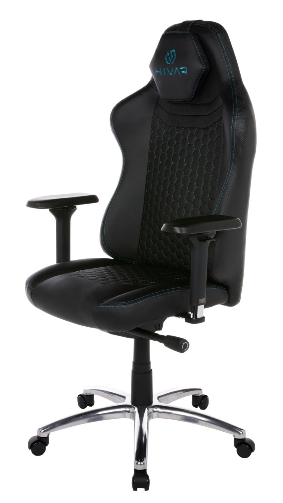 Schwarzer Gaming-Stuhl mit blauen Nähten und verstellbaren Armlehnen, seitliche Perspektive