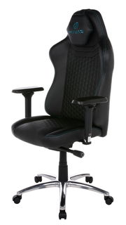 Schwarzer Gaming-Stuhl mit blauen Nähten und verstellbaren Armlehnen, seitliche Perspektive