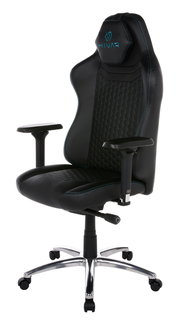 Schwarzer Gaming-Stuhl mit blauen Nähten und verstellbaren Armlehnen, seitliche Perspektive