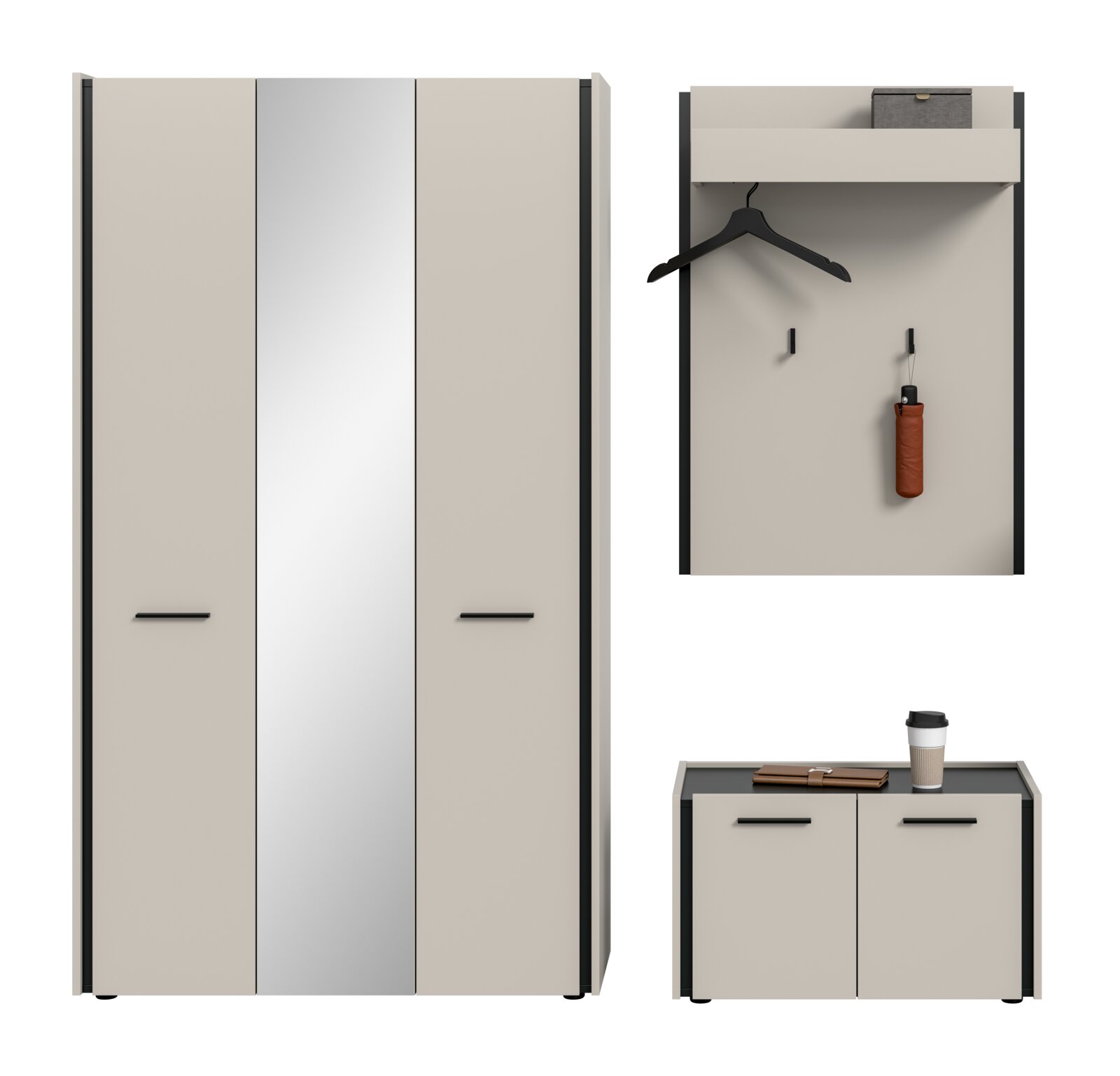Moderne Garderobenmöbel in Beige und Hellgrau mit schwarzen Griffen: hoher Schrank, Wandpaneel mit Ablage, Haken und Kleiderbügel sowie niedrige Kommode; Frontansicht.