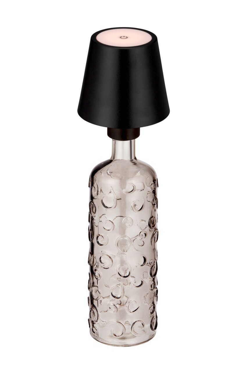 Akku-Tischleuchte mit schwarzem Lampenschirm und strukturiertem Glasfuß, Frontalansicht