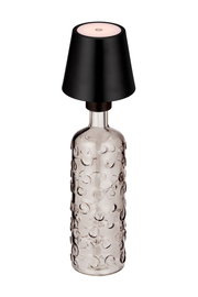 Akku-Tischleuchte mit schwarzem Lampenschirm und strukturiertem Glasfuß, Frontalansicht