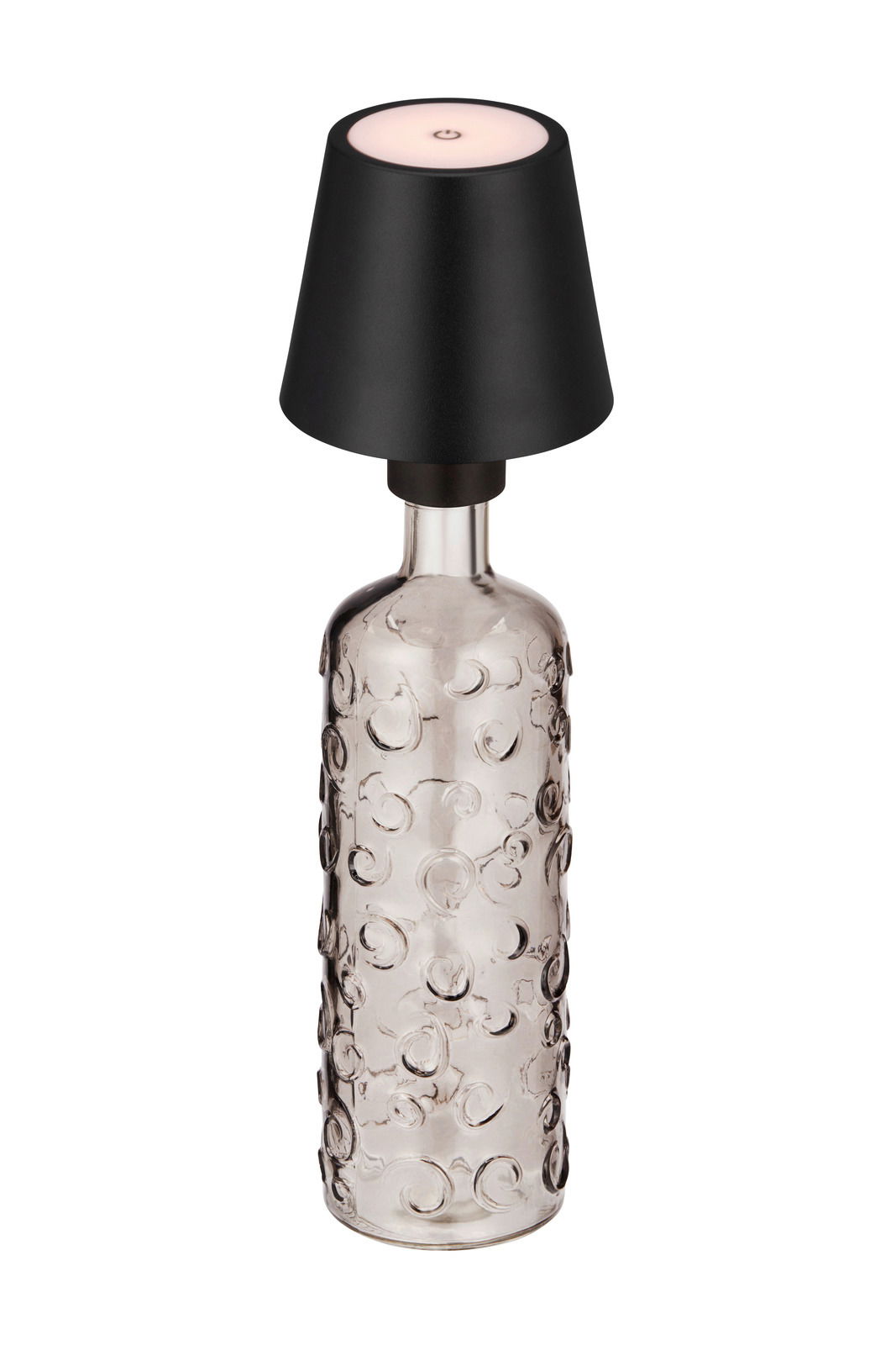 Akku-Tischleuchte mit schwarzem Lampenschirm und strukturiertem Glasfuß, Frontalansicht