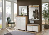 Garderoben-Set 5-tlg. in modernem Design mit Spiegel, Schuhschrank, Sitzbank und Garderobenpaneel, seitliche Perspektive