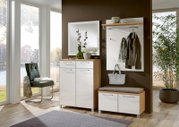 Garderoben-Set 5-tlg. in modernem Design mit Spiegel, Schuhschrank, Sitzbank und Garderobenpaneel, seitliche Perspektive