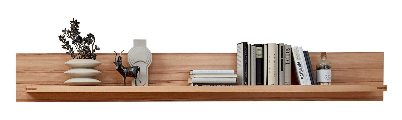 Wandboard aus Holz mit dekorativen Elementen wie Büchern, einer Vase mit Pflanzen und einer kleinen Skulptur, frontal betrachtet.