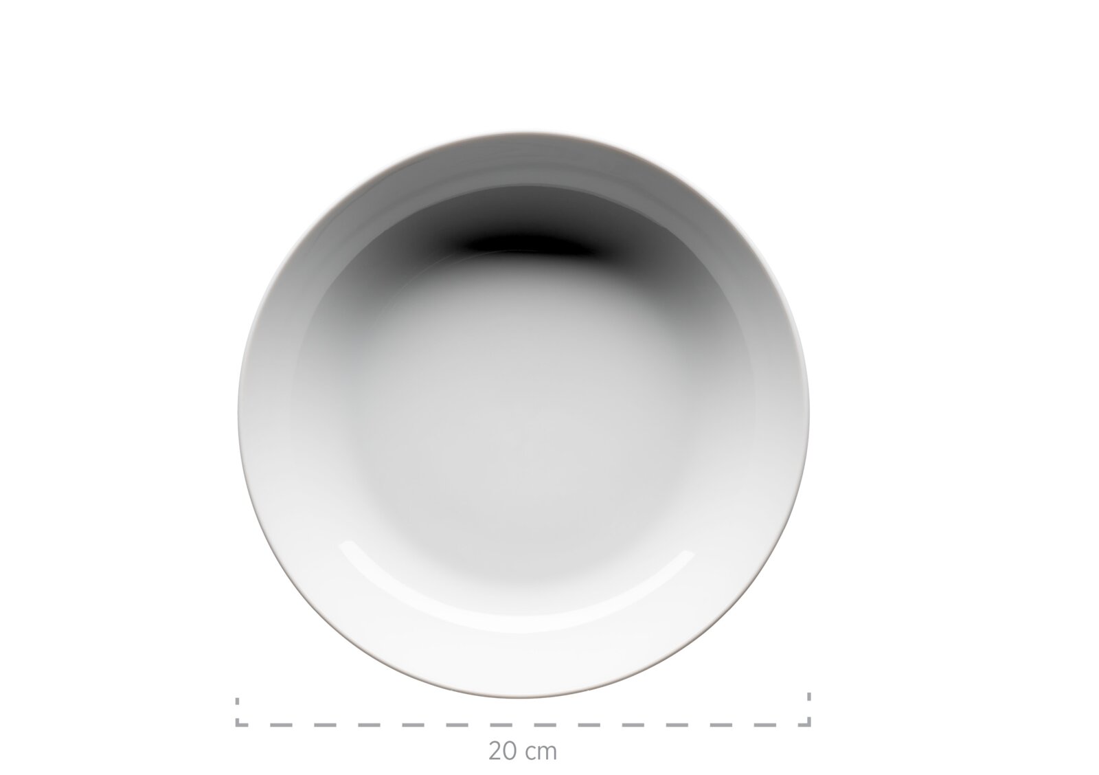Weißer runder tiefer Teller/Schale mit ca. 20 cm Durchmesser, Draufsicht (von oben) vor weißem Hintergrund.