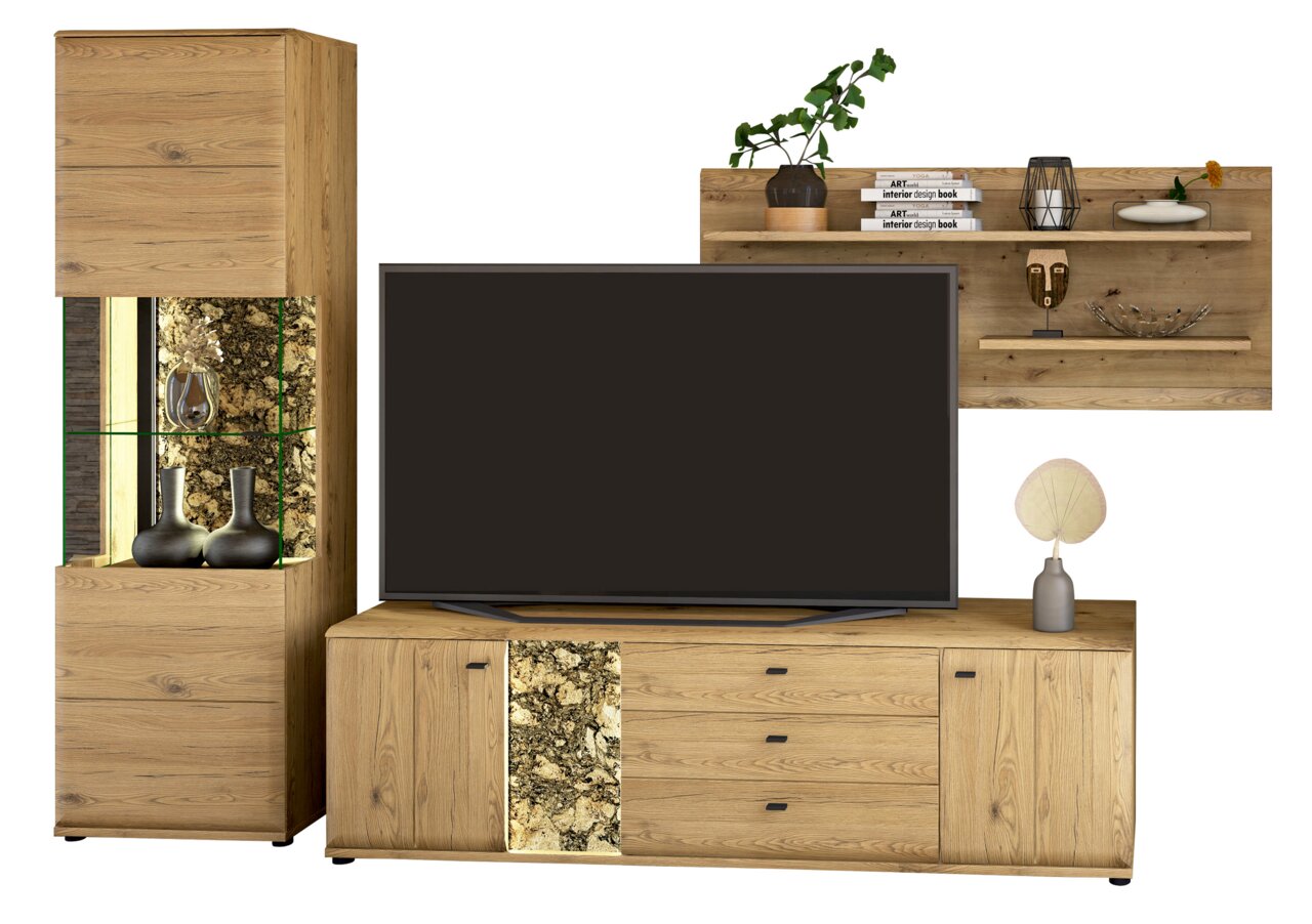 Moderne Wandkombination aus Holz mit TV-Schrank, Vitrine und Regal, frontal betrachtet.