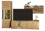Moderne Wandkombination aus Holz mit TV-Schrank, Vitrine und Regal, frontal betrachtet.