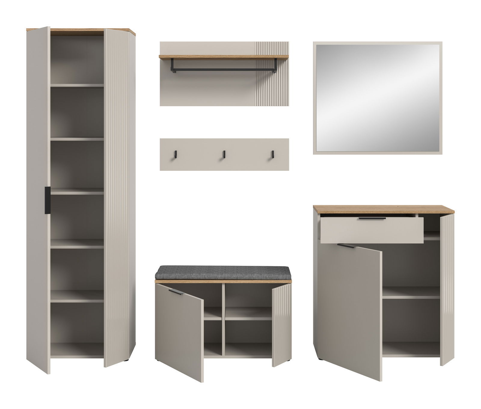 Garderobenkombination bestehend aus einem hohen Schrank mit offenen Türen, einer Wandgarderobe mit Haken und Ablage, einem Spiegel, einer Sitzbank mit Stauraum und einem Schrank mit Schublade, frontal abgebildet.