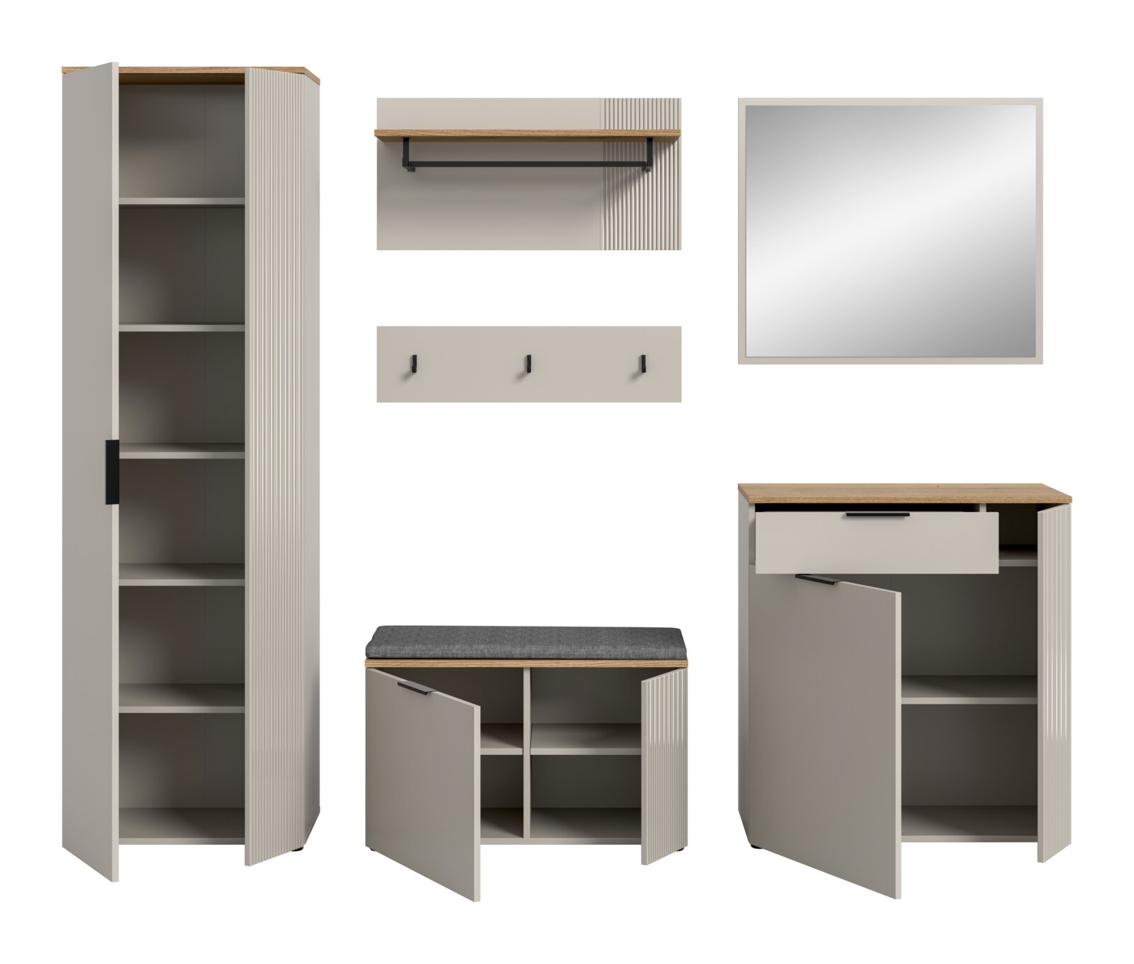 Garderobenkombination bestehend aus einem hohen Schrank mit offenen Türen, einer Wandgarderobe mit Haken und Ablage, einem Spiegel, einer Sitzbank mit Stauraum und einem Schrank mit Schublade, frontal abgebildet.