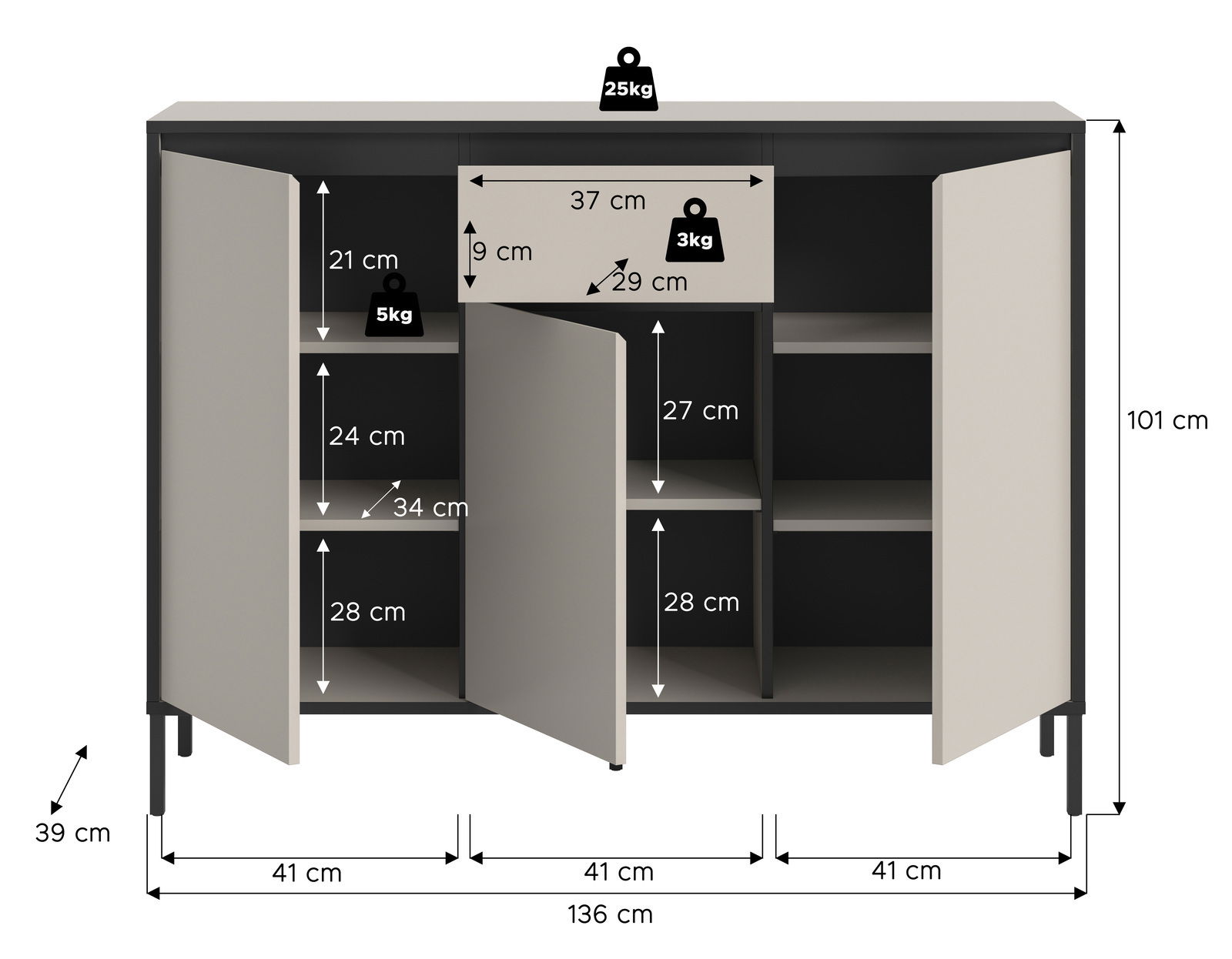 Kommode mit drei Türen und einem Schubfach, Maße 136 cm Breite, 101 cm Höhe, 39 cm Tiefe, Frontansicht
