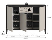 Kommode mit drei Türen und einem Schubfach, Maße 136 cm Breite, 101 cm Höhe, 39 cm Tiefe, Frontansicht