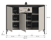 Kommode mit drei Türen und einem Schubfach, Maße 136 cm Breite, 101 cm Höhe, 39 cm Tiefe, Frontansicht