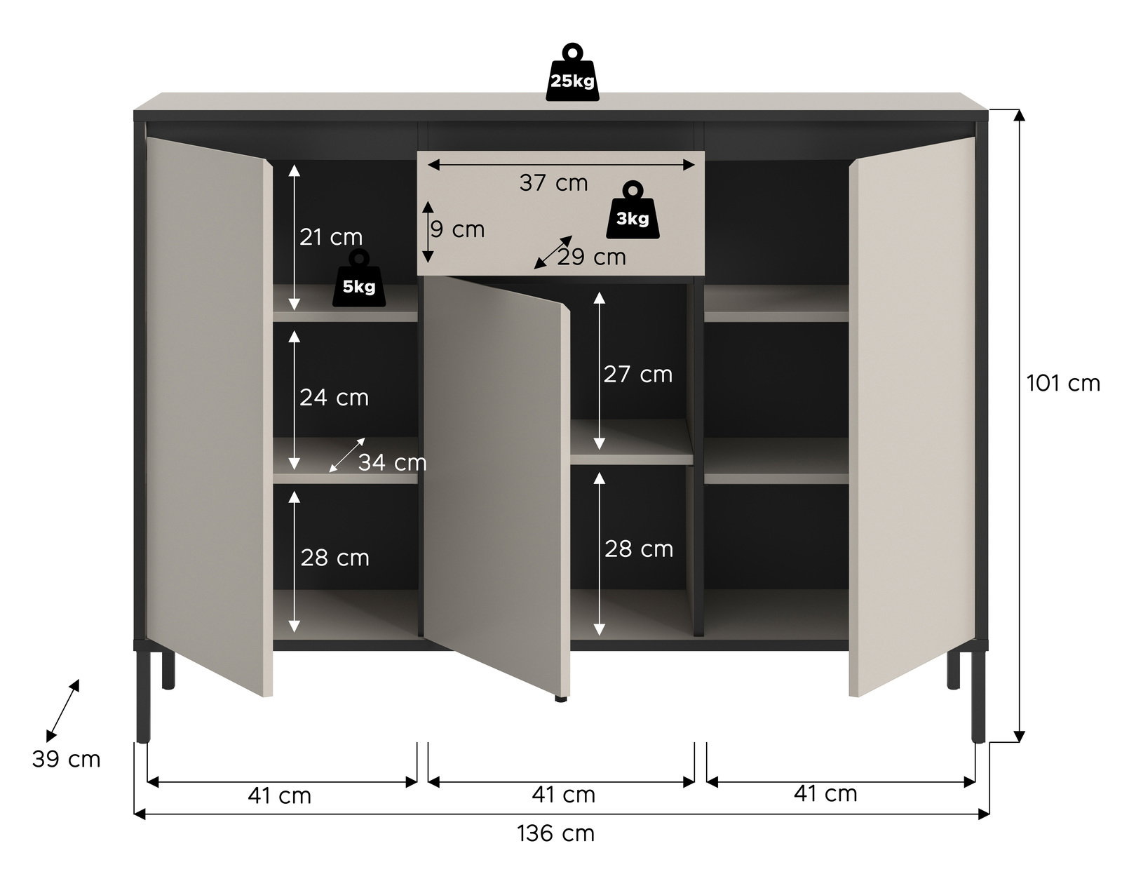 Kommode mit drei Türen und einem Schubfach, Maße 136 cm Breite, 101 cm Höhe, 39 cm Tiefe, Frontansicht