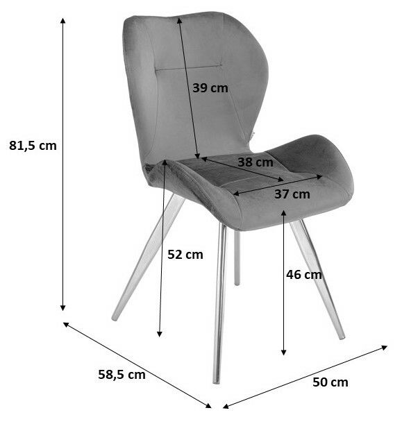 Grauer Stuhl mit gepolsterter Rückenlehne und Sitzfläche, Metallbeine, seitliche Perspektive