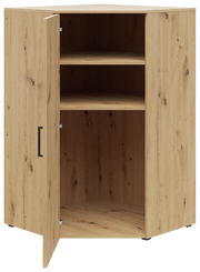 Eckkommode aus Holz mit geöffneter Tür, zwei Regalböden und natürlicher Holzmaserung, Perspektive von vorne links