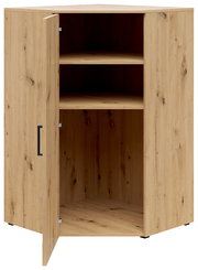 Eckkommode aus Holz mit geöffneter Tür, zwei Regalböden und natürlicher Holzmaserung, Perspektive von vorne links