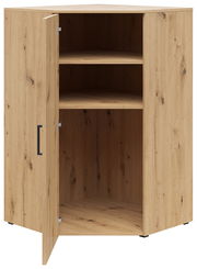 Eckkommode aus Holz mit geöffneter Tür, zwei Regalböden und natürlicher Holzmaserung, Perspektive von vorne links